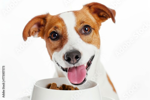 happy Jack russell terrier puppy with bowl of dry food. isolated on white background