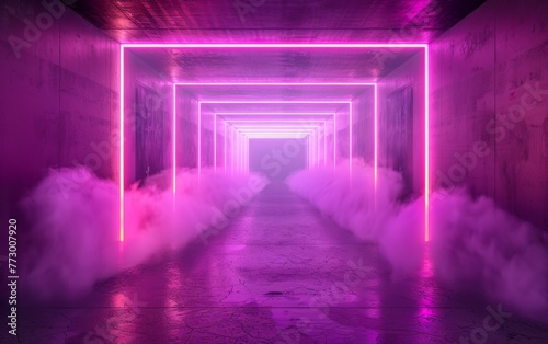 Surreal Photography of a hallway lined with 3D neon lights  dimly lit  fog 