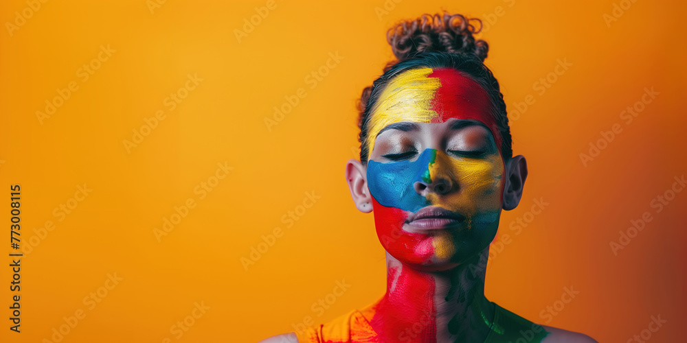 Closeup of a woman multicolored painted face on an orange background  