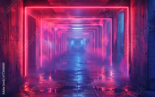 Surreal Photography of a hallway lined with 3D neon lights, dimly lit, fog  © MUS_GRAPHIC