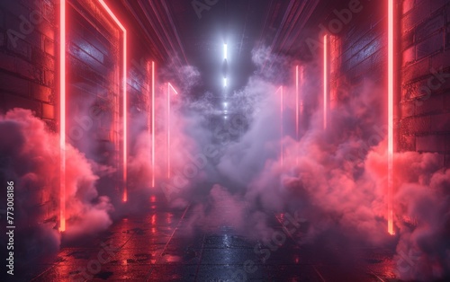 Surreal Photography of a hallway lined with 3D neon lights  dimly lit  fog 