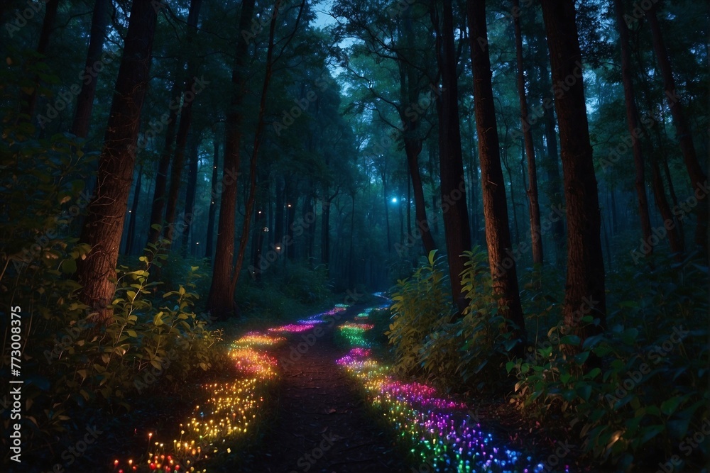 Obraz premium A dark forest filled with many colorful lights