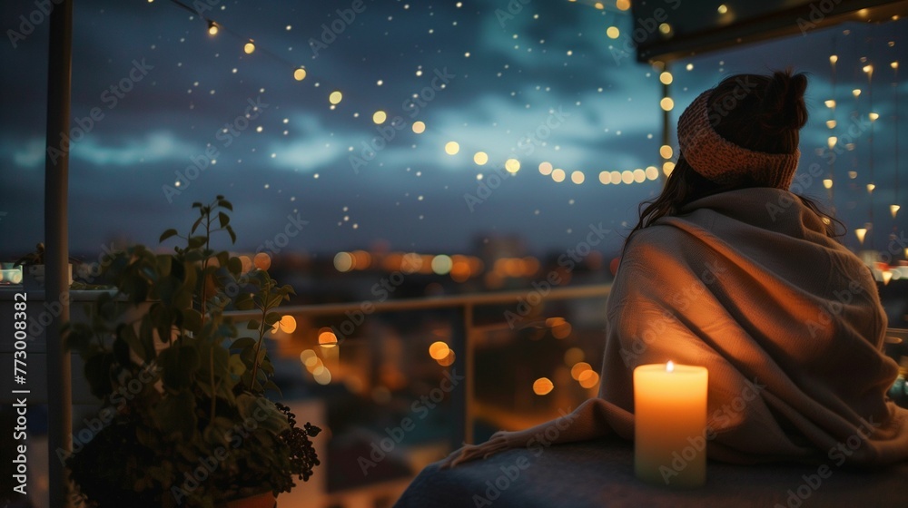 Contemplative woman on balcony under starry night sky, peaceful solitude, city light backdrop with copy space Contemplative woman on balcony under starry night sky, peaceful solitude, city light backdrop with copy space