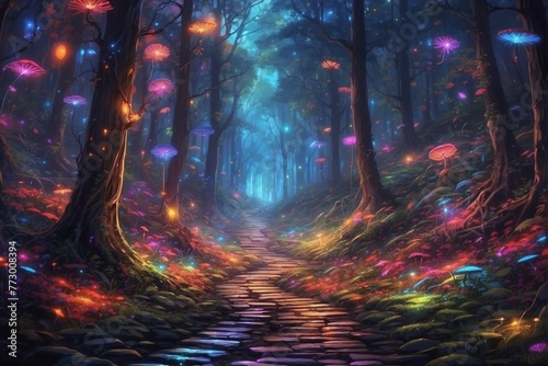 A dark forest filled with many colorful lights