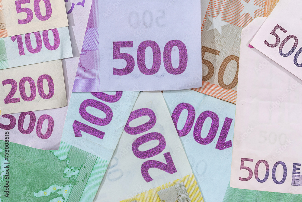 different Eu paper Euro banknotes as financial abstract background - obrazy, fototapety, plakaty 