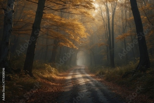 An autumn road in the middle of the forest, illuminated by sunlight. © alexx_60