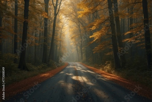 An autumn road in the middle of the forest, illuminated by sunlight.