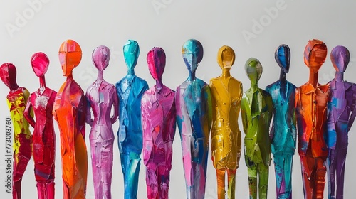 Vibrant hand-painted figurines representing diverse community gathered together – inclusive art concept