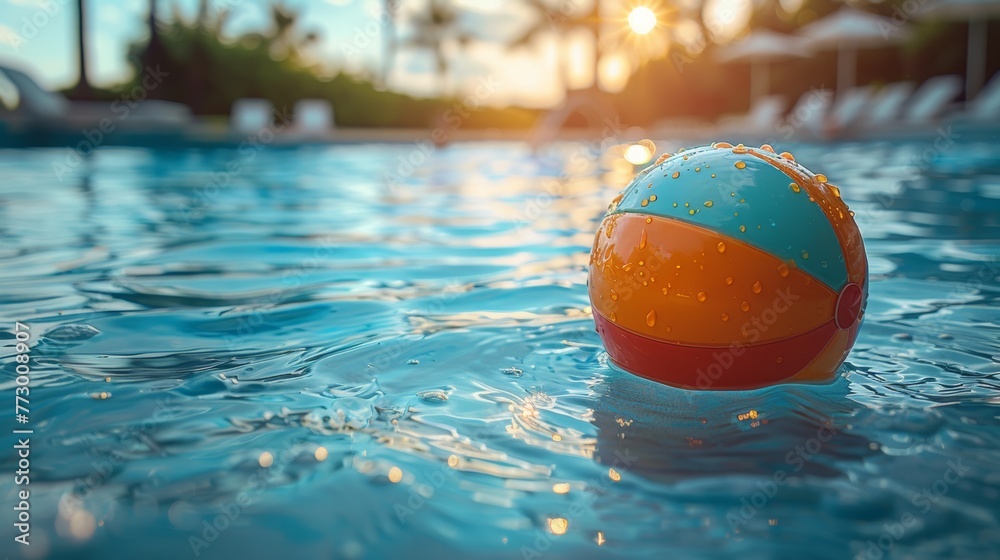 Beach ball floating in a swimming pool at sunset