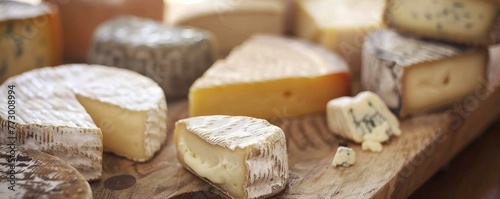 Assortment of artisan cheeses on wooden board