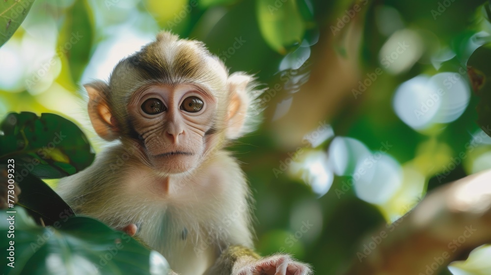 Close-up of a young monkey among leaves Close-up of a young monkey among leaves