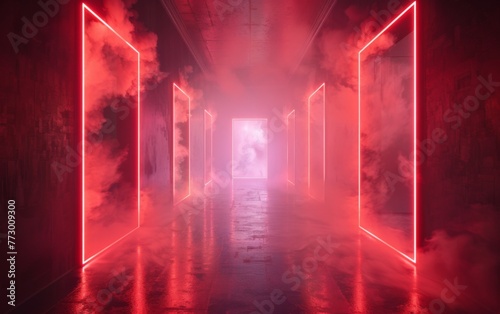 Surreal Photography of a hallway lined with 3D neon lights, dimly lit, fog 