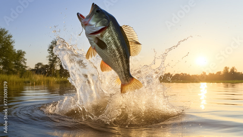 Smallmouth bass jumps out of water catching the fishing lure. Fishing concept. 