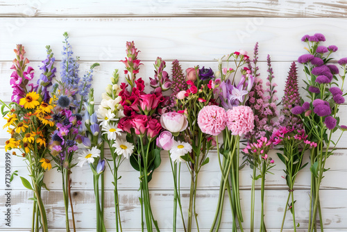 A row of vases filled with flowers of different colors. The vases are arranged in a line  with the first vase on the left and the last one on the right