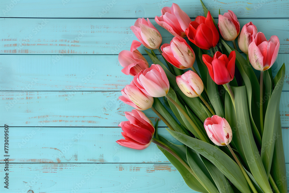 A bouquet of flowers with a variety of colors including red, yellow, and white. The flowers are arranged in a row on a wooden surface. Concept of beauty and freshness A bouquet of flowers with a variety of colors including red, yellow, and white. The flowers are arranged in a row on a wooden surface. Concept of beauty and freshness
