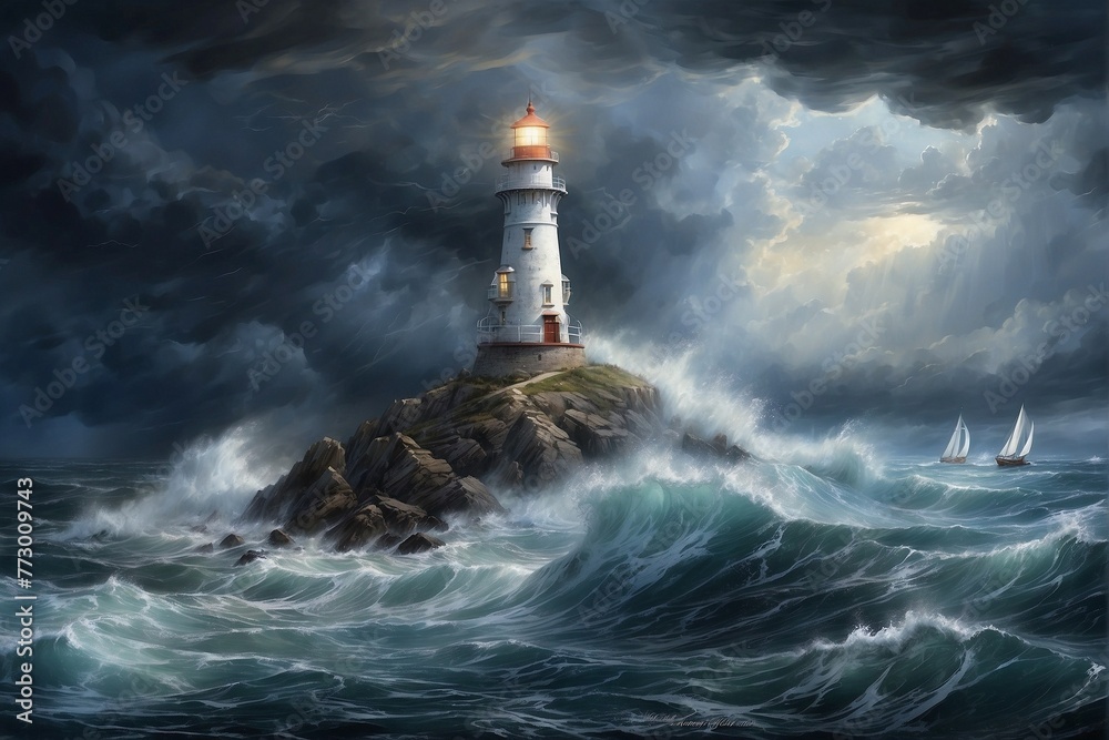 The lighthouse lights the way for sailboats in a storm.