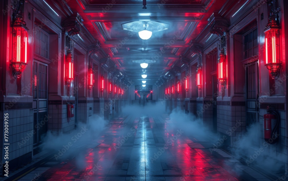 Surreal Photography of a hallway lined with 3D neon lights, dimly lit, fog 
