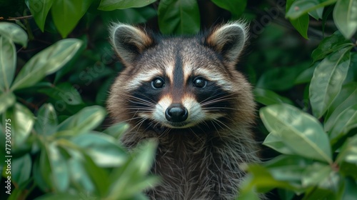 Close-up of a raccoon peeking through green leaves