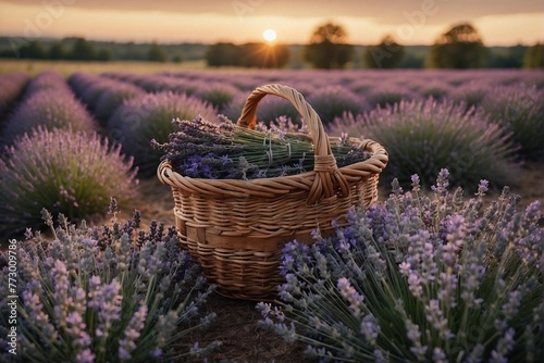 Basket of Lavender at Sunset in Evening Field