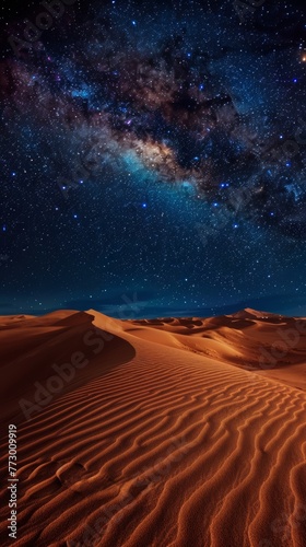 Starry sky over desert dunes at night