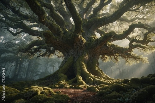 Obraz na płótnie A big tree in the middle of the forest. Ancient Oak Forest Enchantment w salonie
