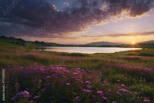 Green Hills and Colorful Sunset near the Flower Field