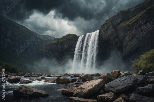 Large Waterfall under Stark Sky with Stormy Clouds and Rocks