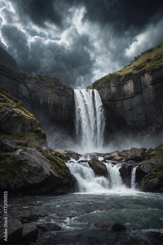 Large Waterfall under Stark Sky with Stormy Clouds and Rocks
