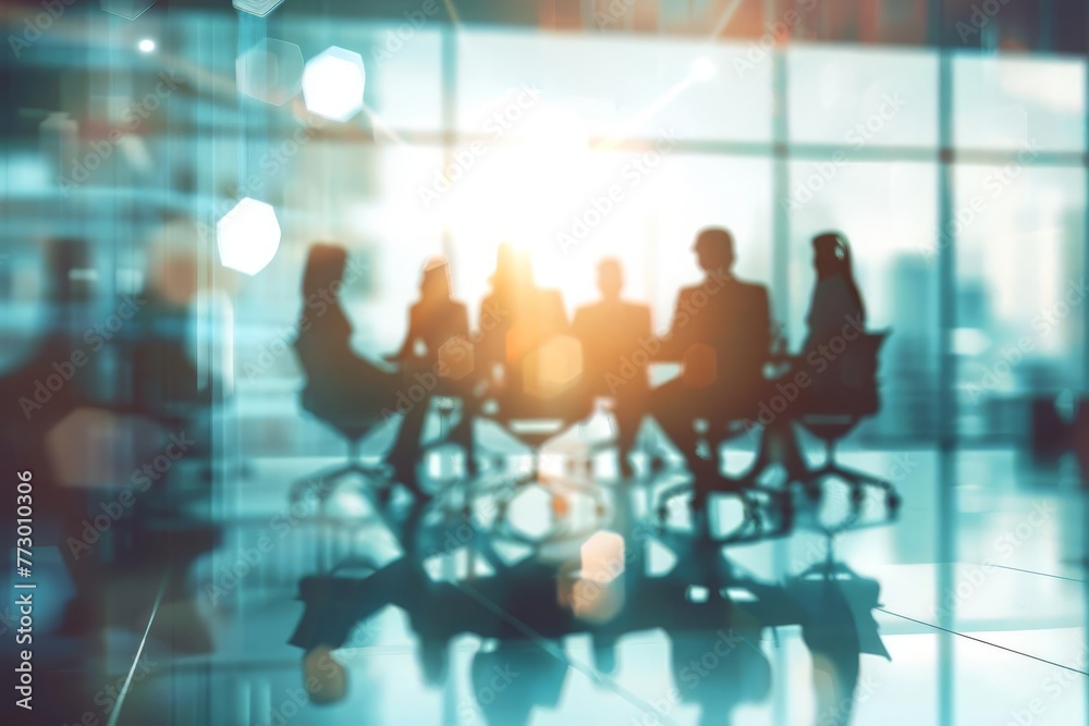 Business team meeting in office boardroom, blurred people background, corporate discussion concept illustration