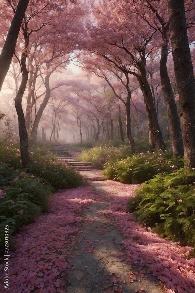 Fototapeta premium Path in Enchanted Forest with Pink Trees