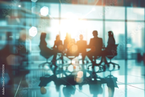 Business team meeting in office boardroom, blurred people background, corporate discussion concept illustration