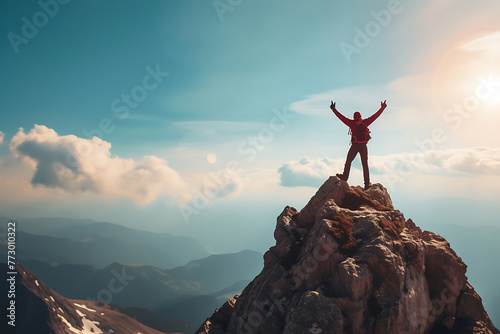 Exultant climber with raised fists stands atop a mountain peak  enveloped by clouds  capturing a sense of triumph. Generative AI