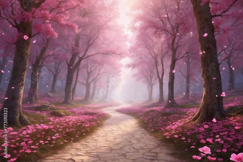 Path in Enchanted Forest with Pink Trees