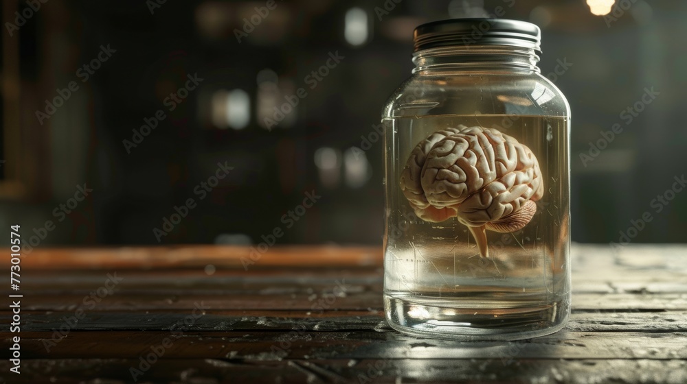 Brain in a jar on a wooden table Brain in a jar on a wooden table