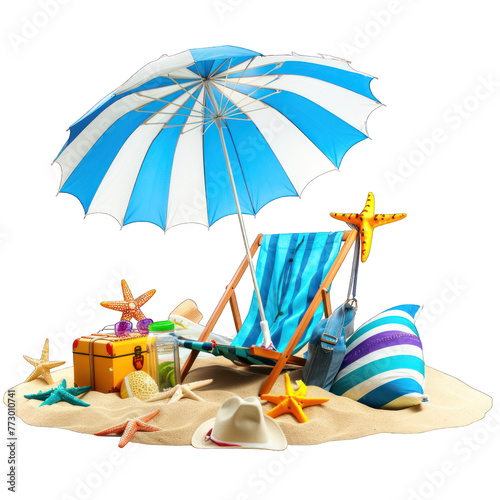 Summer vacation concept, Banner of beach chairs and accessories on the beach on isolated on transparent, alpha background png