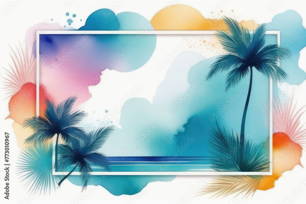 Summer frame with palm leaves and tropical flowers in watercolor style.