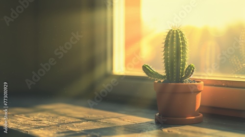 Potted cactus on windowsill with sunlight