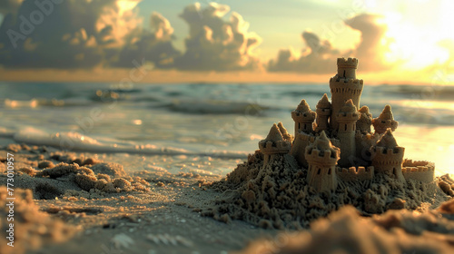 A sand castle on the seashore.