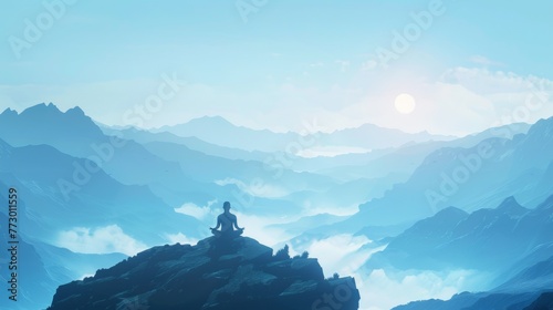 Silhouette of a person meditating on a mountain at sunrise