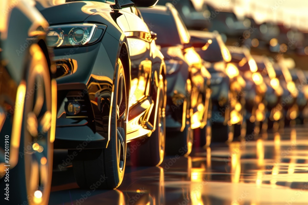 Closeup of Shiny New Cars Parked in a Row at Dealership Lot, Automotive Industry, 3D Rendering Closeup of Shiny New Cars Parked in a Row at Dealership Lot, Automotive Industry, 3D Rendering