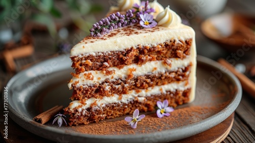 Slice of carrot cake with cream cheese frosting photo