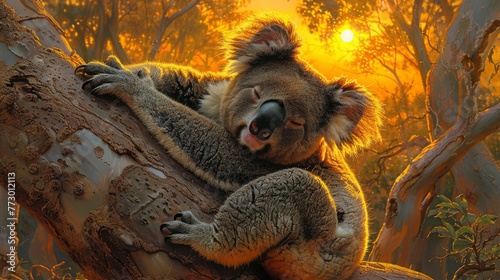 Koala resting on a tree at sunset photo
