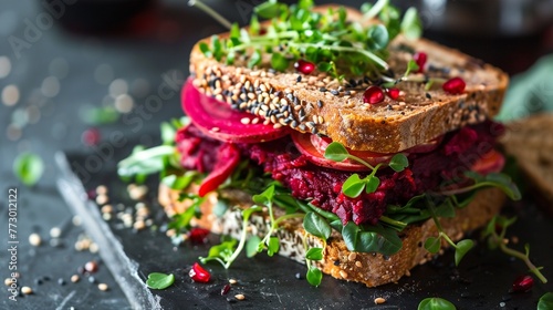 Wholesome sandwiches showcase beetroot hummus, layered with avocado, cucumber, and microgreens for a nutritious bite. 