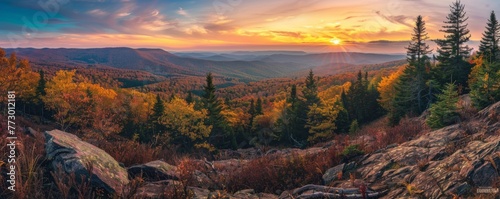 Panoramic autumn sunrise in the mountains