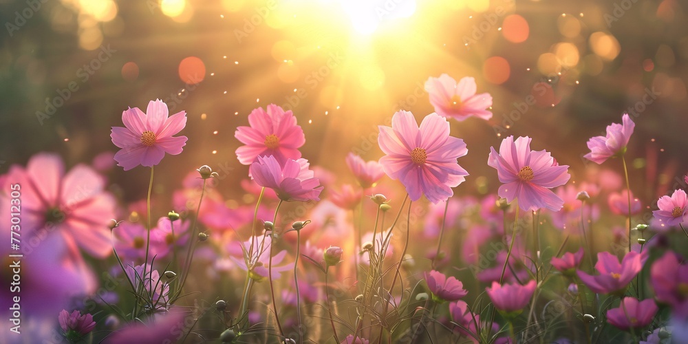 Blooming Beauties A Sunny Afternoon in a Field of Pink Flowers Generative AI