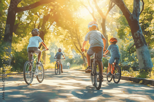 Parents teaching their children to ride bicycles in the park, cheering them on every wobbly pedal. Kids on bikes ride through forest path, surrounded by trees and plants photo