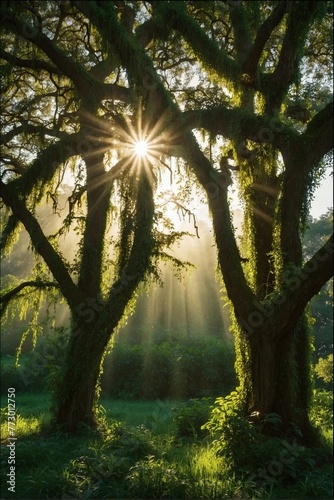 Sun Shining Through Branches of a Large Green Tree
