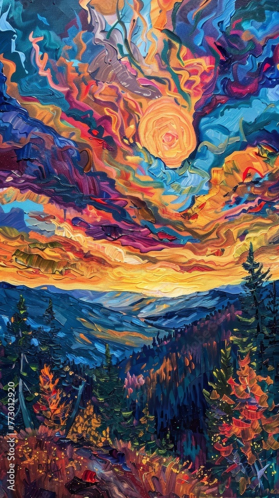 Vibrant landscape painting with swirling sky
