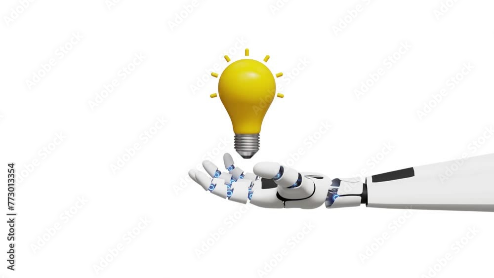 AI solution concept. Problem solving, evaluation, creative idea, boost in growth, marketing analysis and strategy. 3D robotic hand gives idea lightbulb to human. 4k 3d loop animation
