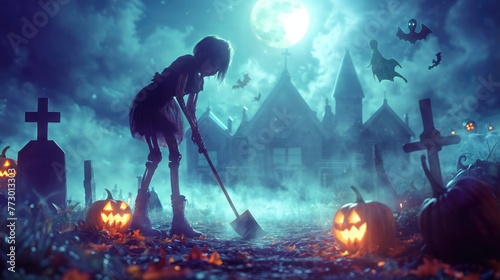 A zombie girl with a broom is in a spooky graveyard. The sky is dark and there are pumpkins and bats